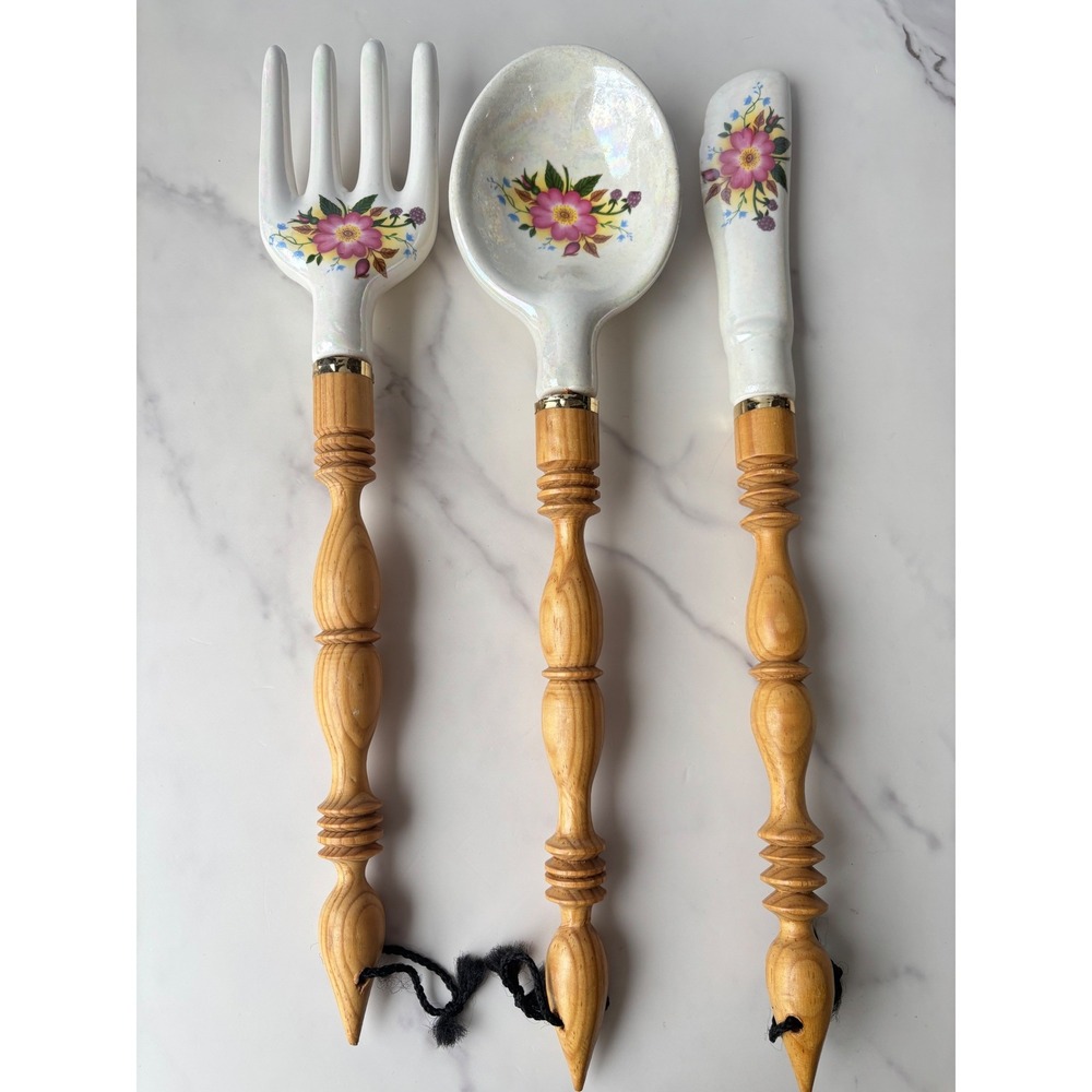Vintage Iridescent Ceramic Floral Wall Decor Set Fork Spoon Knife Wood Handles